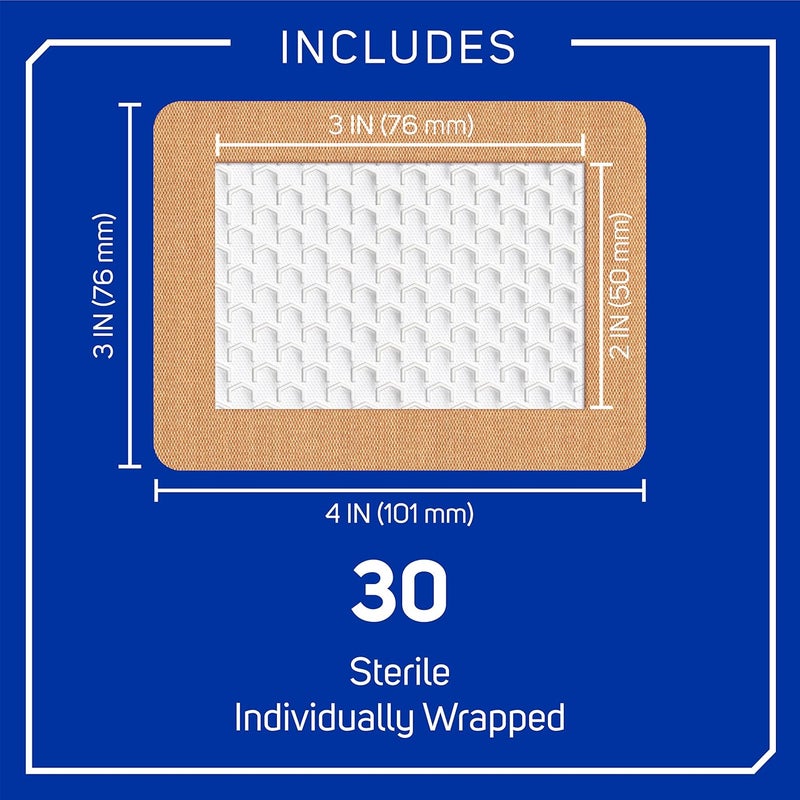 Care Science Fabric Adhesive Pad Bandages 3x4 inches Extra Large Flexible NonStick Strip Helps Prevent Infection Breathable Protection for First Aid Wound Care 30 Count - Image 3