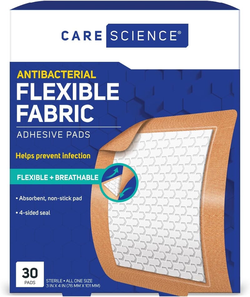 Care Science Fabric Adhesive Pad Bandages 3x4 inches Extra Large Flexible NonStick Strip Helps Prevent Infection Breathable Protection for First Aid Wound Care 30 Count - Image 1