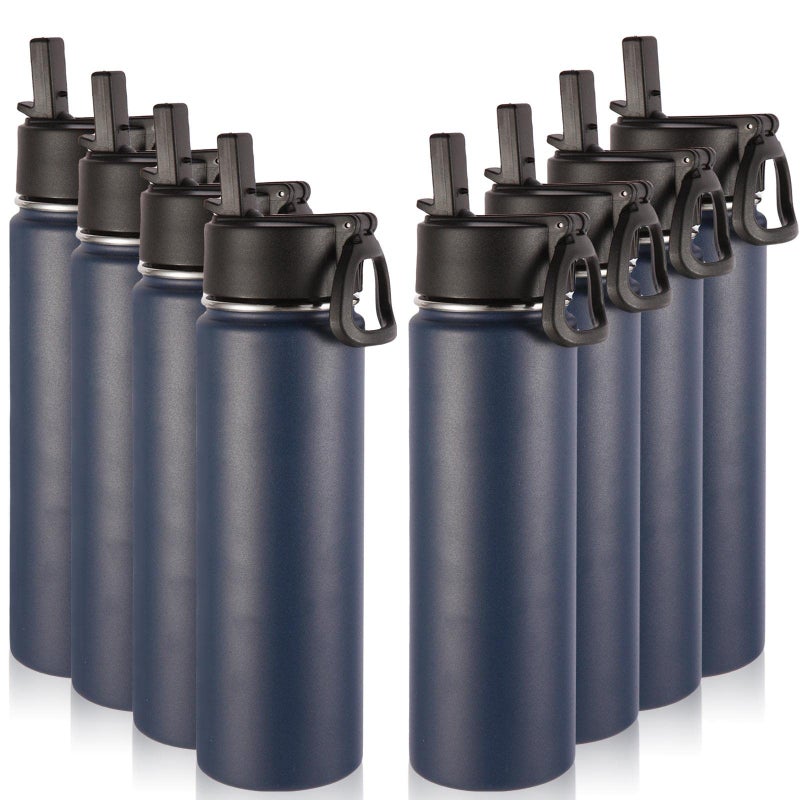 Volhoply Insulated Water Bottles with Straw Bulk 8 Pack 22 oz Stainless Steel Sports Bottle with Handle LidDouble Walled Metal Travel Water Cups with Wide Mouth Reusable Water FlaskNavy8 Set