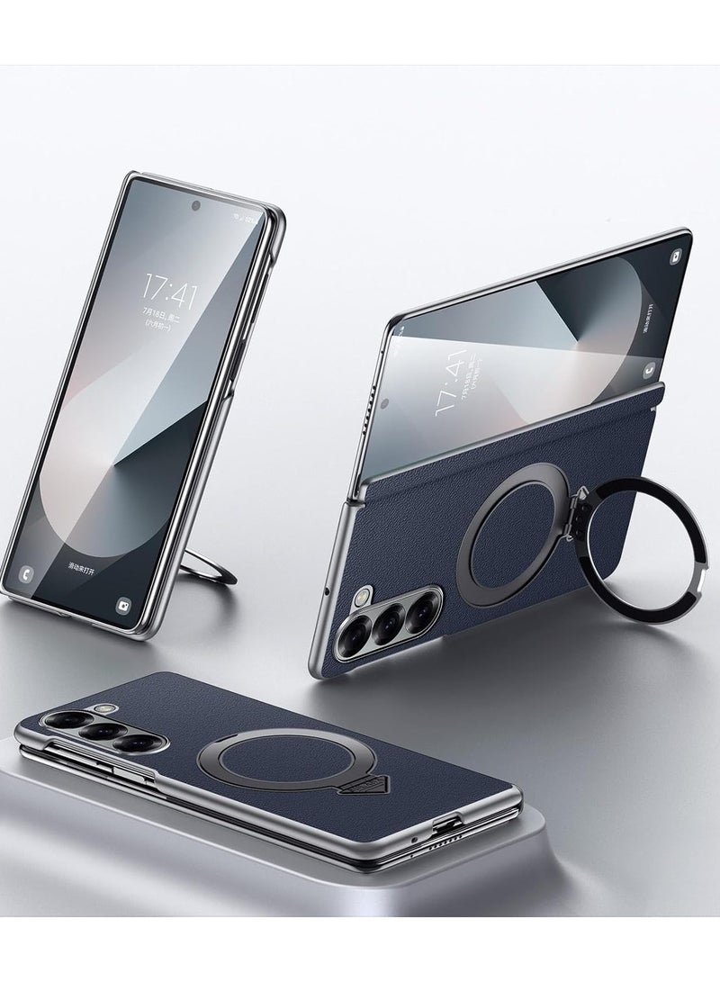 حافظة متوافقة مع هاتف Galaxy Z Fold 6، غطاء جلد حقيقي لحماية المفصل، 【متوافق مع ماج سيف】، غطاء رفيع مصنوع من بلاستيك صلب يغطي بالكامل، ويحتوي على حامل للهاتف.