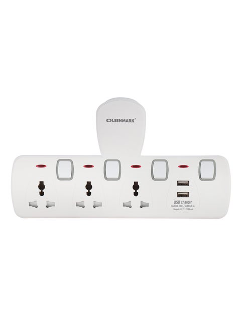 Olsenmark Universal Multi Plug Extension Socket Adapter with 2 USB, 3 Way Wall Charger Electrical Power Extender Outlet Charging Station