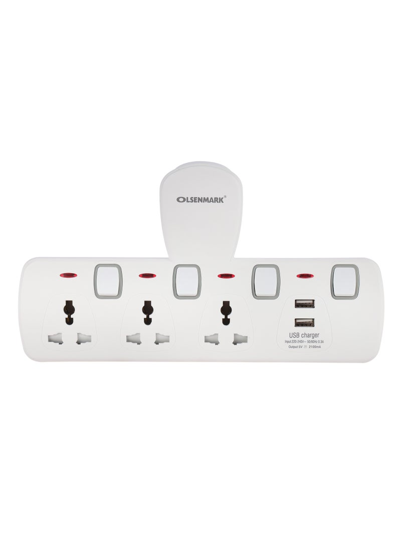 Olsenmark - Olsenmark Universal Multi Plug Extension Socket Adapter with 2 USB, 3 Way Wall Charger Electrical Power Extender Outlet Charging Station - Image 1