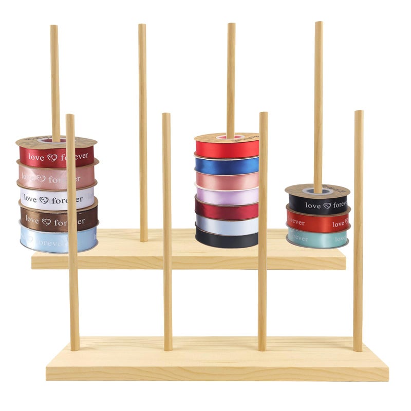 AIHSUMC Wooden Ribbon Rack Storage, 2 Pcs Ribbon Organizer Spool Holders, Washi Tape Organizer Wire Spool Stand Holder for Sewing Craft Mesh Thread Tape Wreath Crochet Roll Florist Arts Wrapping Gift - Image 1