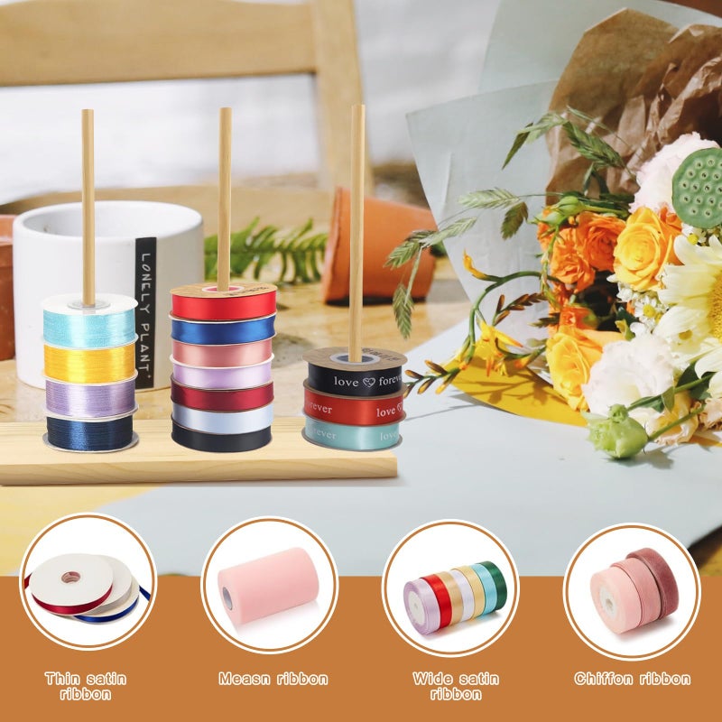 AIHSUMC Wooden Ribbon Rack Storage, 2 Pcs Ribbon Organizer Spool Holders, Washi Tape Organizer Wire Spool Stand Holder for Sewing Craft Mesh Thread Tape Wreath Crochet Roll Florist Arts Wrapping Gift - Image 3