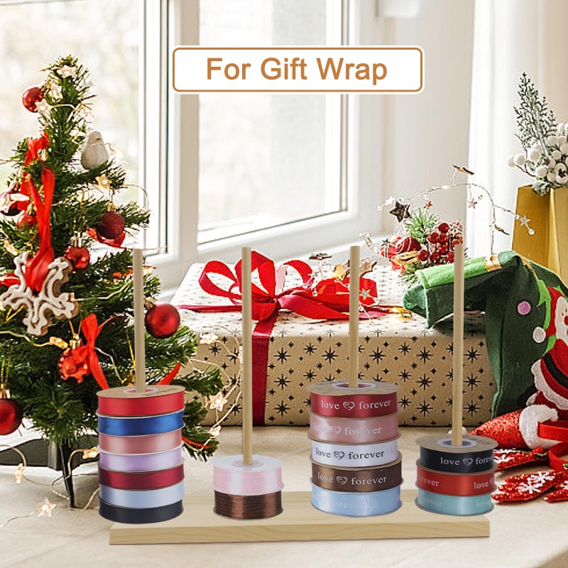 AIHSUMC Wooden Ribbon Rack Storage, 2 Pcs Ribbon Organizer Spool Holders, Washi Tape Organizer Wire Spool Stand Holder for Sewing Craft Mesh Thread Tape Wreath Crochet Roll Florist Arts Wrapping Gift - Image 4