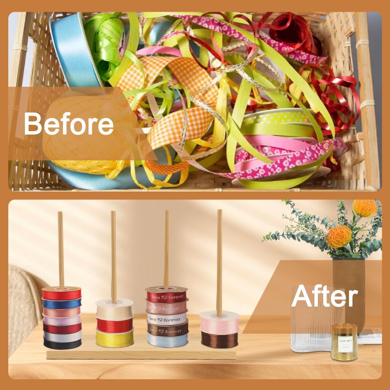 AIHSUMC Wooden Ribbon Rack Storage, 2 Pcs Ribbon Organizer Spool Holders, Washi Tape Organizer Wire Spool Stand Holder for Sewing Craft Mesh Thread Tape Wreath Crochet Roll Florist Arts Wrapping Gift - Image 5