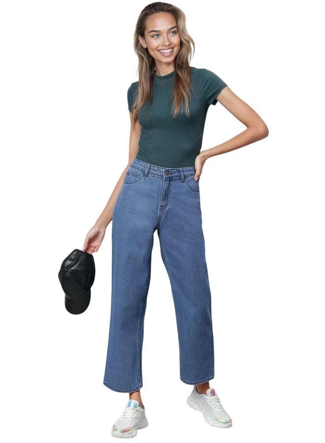 KOTTY Women High Rise Cotton Lycra Ankle Length Straight fit Cornflower Blue Solid Jeans (Cornflower Blue,32) - Image 1
