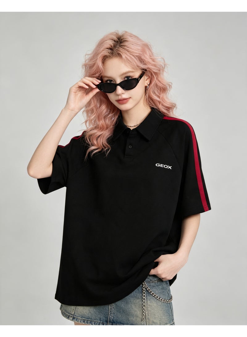 GEOX Men Casual Collared Short Sleeve Polo Shirt Side Stripe Fashion Top Black - Image 5