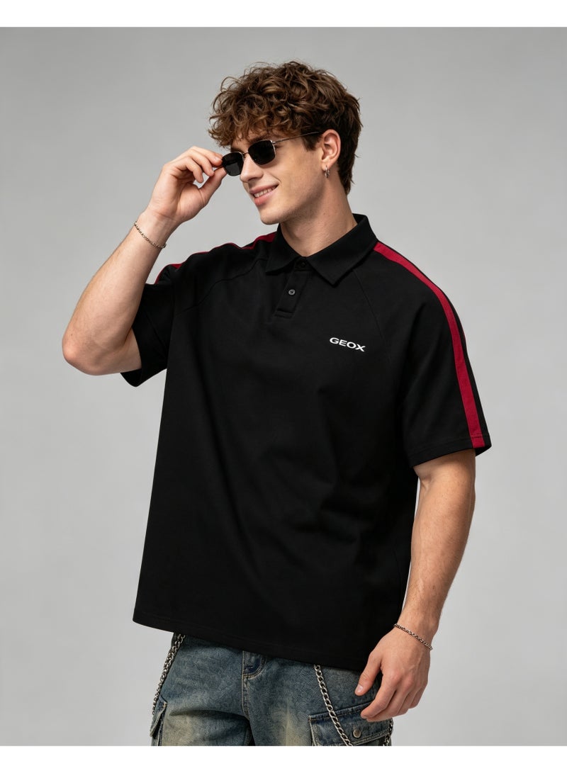 GEOX Men Casual Collared Short Sleeve Polo Shirt Side Stripe Fashion Top Black - Image 2