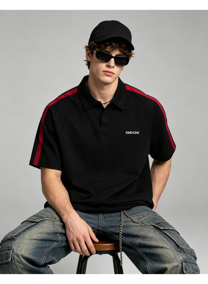 GEOX Men Casual Collared Short Sleeve Polo Shirt Side Stripe Fashion Top Black - Image 4