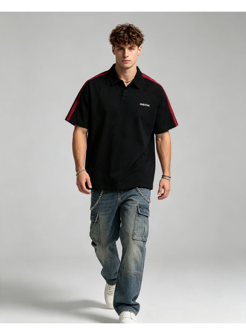 GEOX Men Casual Collared Short Sleeve Polo Shirt Side Stripe Fashion Top Black - Image 3