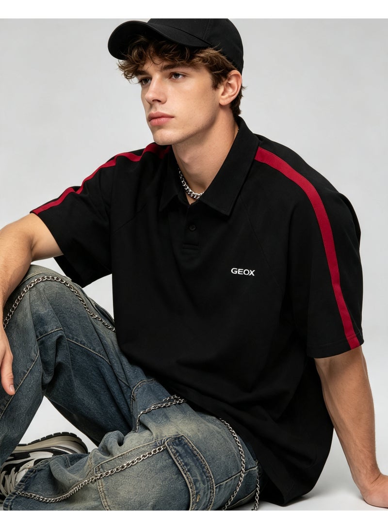 GEOX Men Casual Collared Short Sleeve Polo Shirt Side Stripe Fashion Top Black - Image 1
