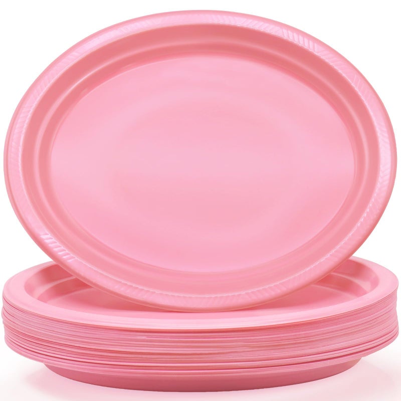 BONSINY 50 Count Pink Plastic Plates Disposiable 10"" x 12"" Oval Pink Plates for Girls Baby Bridal Shower Birthday Valentine's Day Easter Party - Image 1