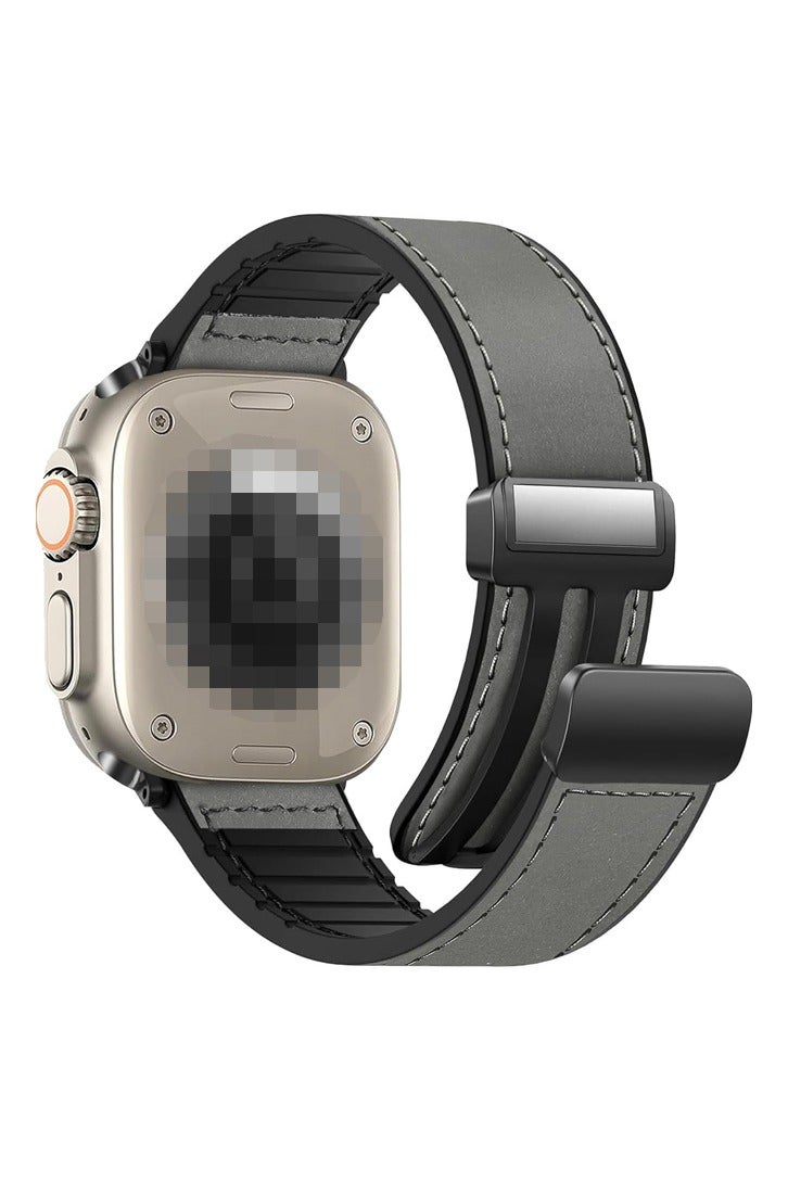 Magnetic Leather Watch Band for Ultra, 49mm 45mm 44mm 42mm, Magnetic Buckle Replacement Genuine Leather Strap for Apple Watch Series,grey - Image 1