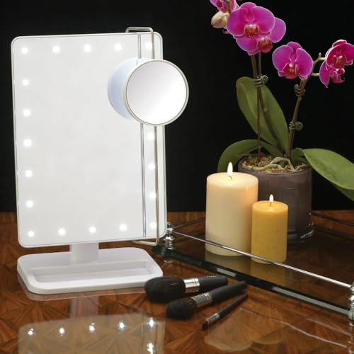 Jerdon 8-Inch by 11-Inch Lighted Vanity Mirror - Rectangular Tabletop Mirror in White with 10X Magnification Spot Mirror - Model JS811W - Image 2