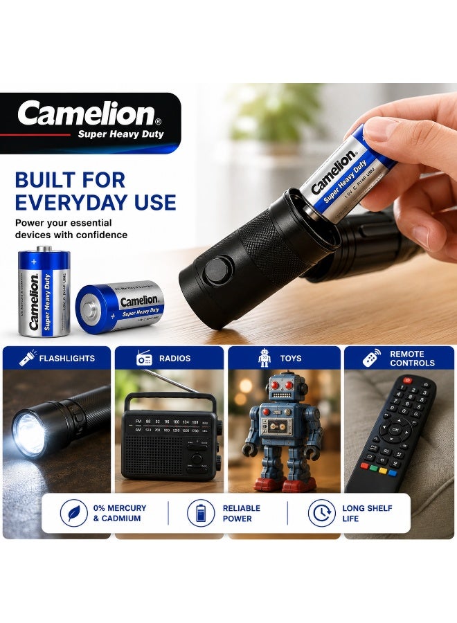 Camelion C Super Heavy Duty Batteries 2 Pack, 1.5V Zinc Carbon Battery for Lanterns, Toys, Radios & Household Equipment - Image 4