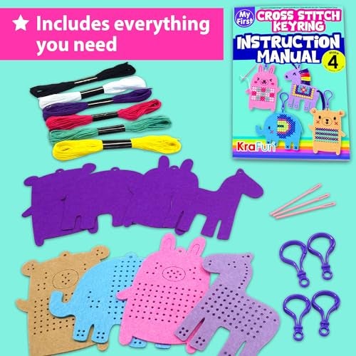 KRAFUN Cross Stitch Kits for Kids Beginners, 4 Cross Stitching Keyrings Arts & Crafts with Animals, Unicorn, Needlepoint Embroidery Kit for Girls 5-13 Craft Kit Backpack Charms, Ornaments - Image 2