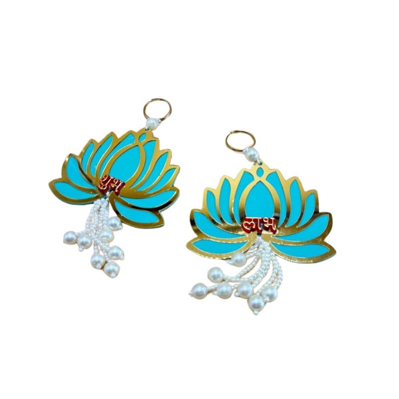 THE HOME CO. Enhance your home style The Home Co shubh labh for Door Entrance 1 Pair Golden Side Door hangingstoran for Home Decoration shubh labh Door Hanging Door Tags Diwali ShoonSoohnShun for Home mandir Blue - Image 2