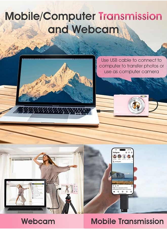 كاميرا رقمية، كاميرا فيديو 4K مع بطاقة 64 جيجابايت، كاميرات رقمية 16X، ضبط تلقائي للصورة، كاميرا فيديو سفر صغيرة الحجم للمراهقين والبالغين والمبتدئين