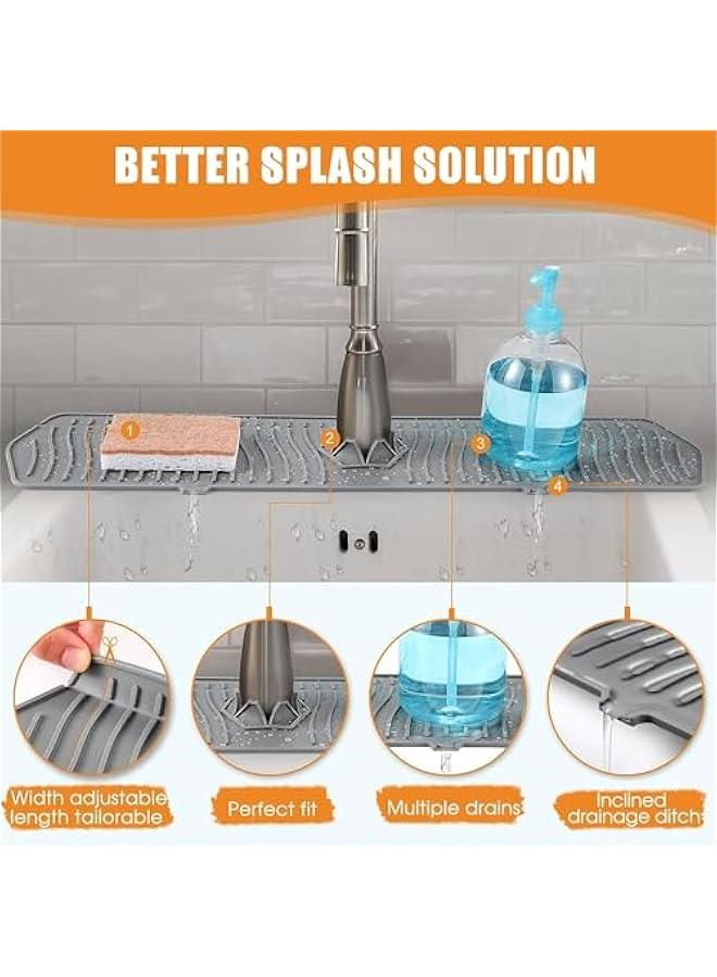 TRASSLE Kitchen Sink Splash Guard, 61CM Faucet Mat Splash Catcher, Handle Drip Catcher Tray, Multipurpose for Kitchen Dish Drying Mats Sponge Holder and Bathroom Countertop Protect (Grey) - Image 3