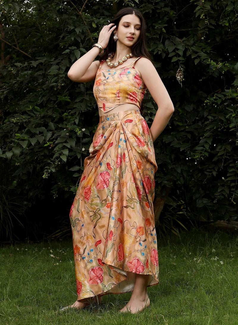 Qissa Women's Sand Beige Botanical-Imprint Corset Co-ord Set For Ethnic Wear | Square Neck, Sleeveless | Floral Print Plain Fabric | 3 Piece Co-Ords Designed For Evening & Party Wear - Image 2