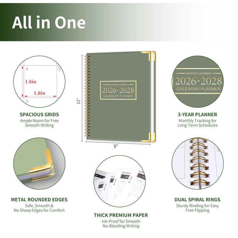 KAICN Monthly Planner 2026-2028, Hardcover 3 year calendar 2026-2027-2028 Calendar Book from Jan 2026 - Dec 2028, 9â€œ x 11â€, Spiral Bound,Organizer for Office, School, and Home,Green - Image 2