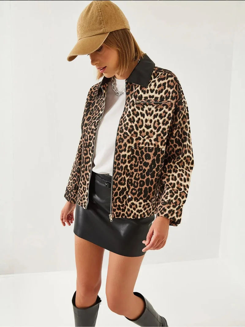 Bianco Lucci LUCCI Leopard Print Faux Leather Jacket with Pompom