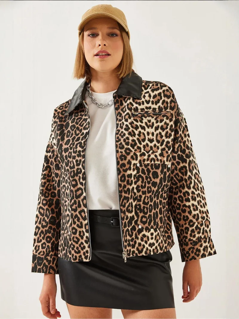 Bianco Lucci Multicolor LUCCI Leopard Print Faux Leather Jacket with Pompom for Women | Best Price UAE