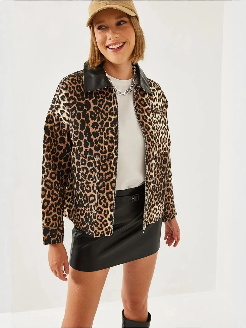 Bianco Lucci LUCCI Leopard Print Faux Leather Jacket with Pompom