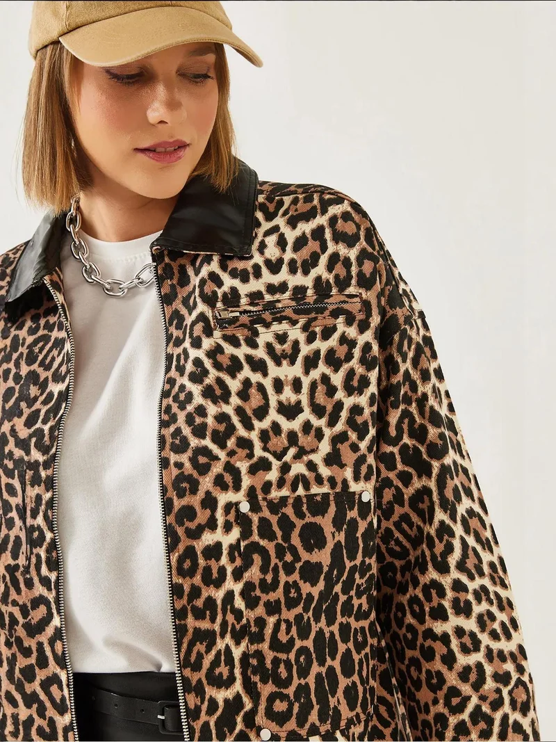 Bianco Lucci Multicolor LUCCI Leopard Print Faux Leather Jacket with Pompom for Women | Best Price UAE