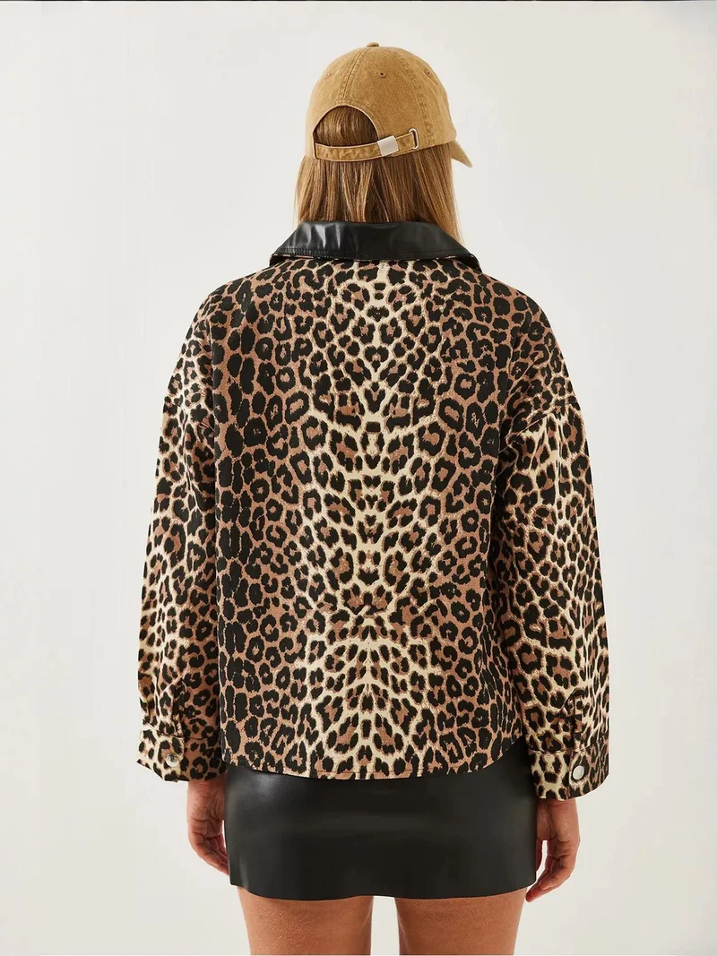 Bianco Lucci Multicolor LUCCI Leopard Print Faux Leather Jacket with Pompom for Women | Best Price UAE