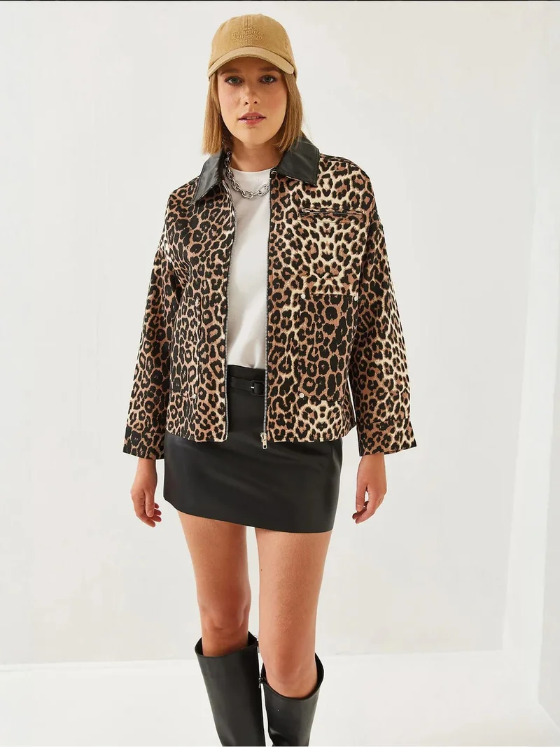 Bianco Lucci Multicolor LUCCI Leopard Print Faux Leather Jacket with Pompom for Women | Best Price UAE