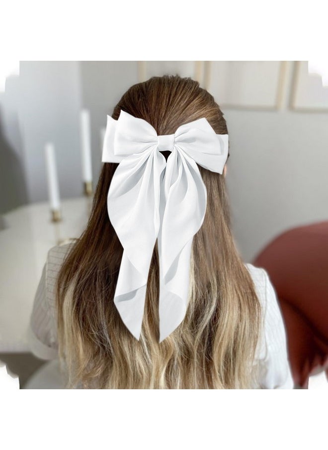 AEGYPIUS Hair Clip, Big White Satin Butterfly Bow For Women And Girls - Elegant Hair Ribbon Clip With Long Tail - Large Bowknot Design - Aesthetic Hair Accessory For Christmas & Birthdays 