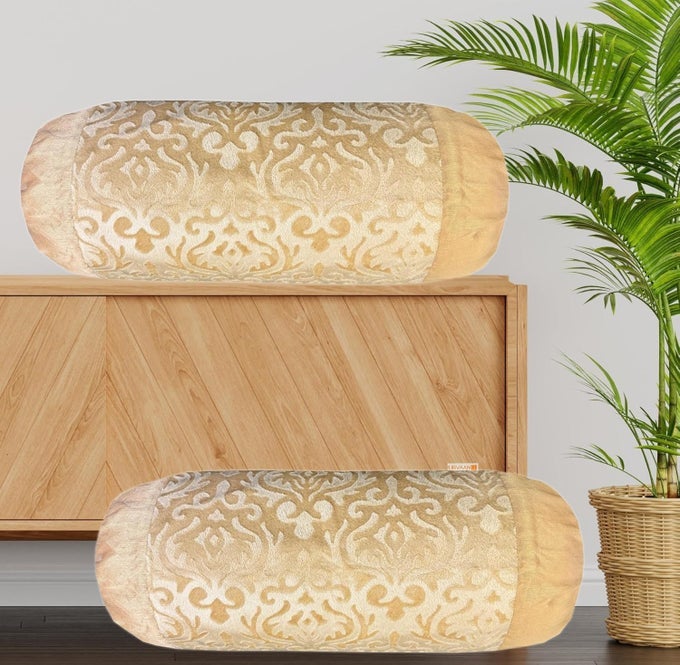 VELVET DIWAN ROUND BOLSTER PILLOW COVERS SET OF 2 16X32 INCH BEIGE CREAM