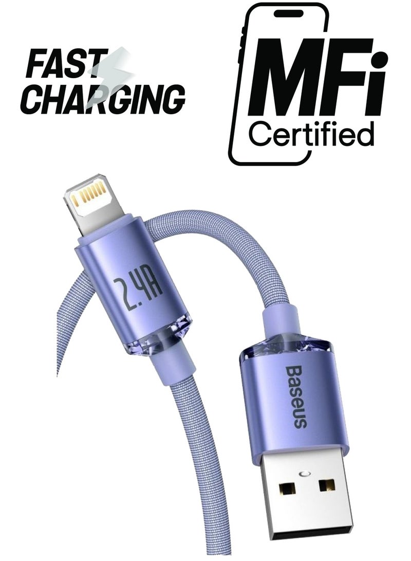 بيسوس كابل كريستال شاين سيريس للشحن ومزامنة البيانات بتصميم مضفر بمنفذ USB-A إلى Lightning (بطول 1.2 م) مناسب لأبل آي باد وآيربودز وآيفون 13/ 12/ 11/ 11 برو/ 11 برو ماكس/ XS/ XS ماكس/ XR/ X/ 8SE/ 8/ 8 بلس والكثير غير ذلك. أرجواني - Image 1