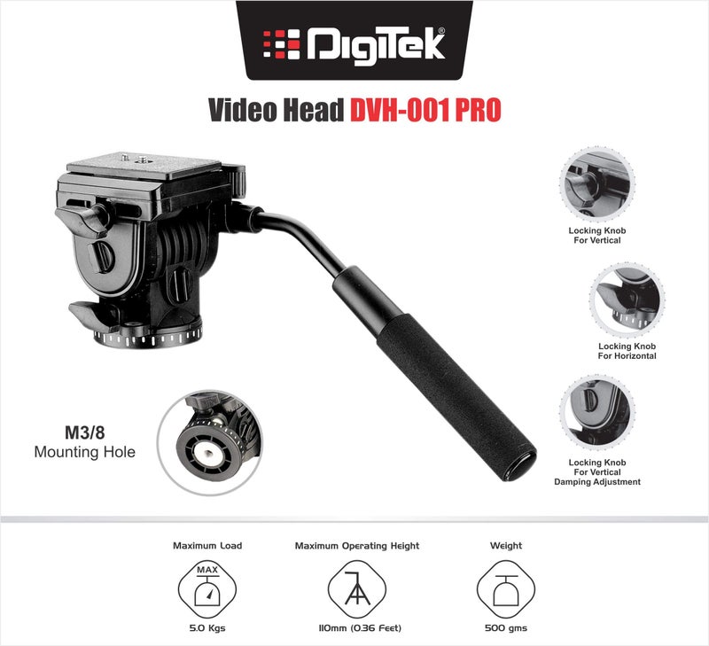 DIGITEK® DVH 001 Video Fluid Head | Lightweight with Flat Base | Supports Multiple Tripods & Monopods (Load Capacity-5 Kgs) (DVH-001PRO) - Image 2