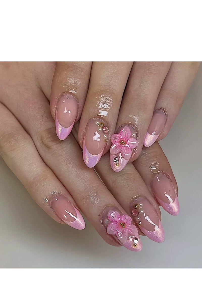 جوسكوين أظافر اصطناعية بالضغط (24 قطعة)، تصميم على شكل لوزي قصير، أطراف أظافر فرنسية زهرية ثلاثية الأبعاد على شكل لوزي قصير، أظافر بالضغط بلون خوخي لؤلؤي حلو، أظافر قابلة لإعادة الاستخدام، فن الأزهار الرائع، أظافر أكريليك مع طقم غراء. - Image 1