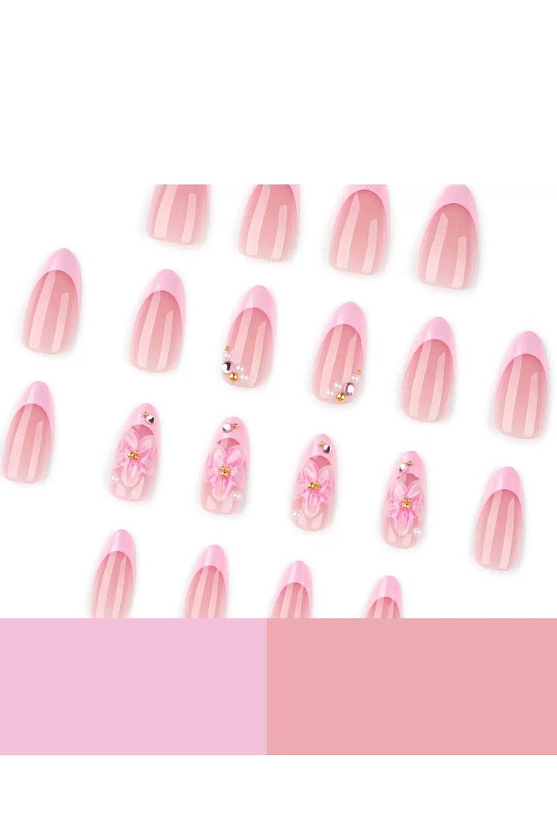 جوسكوين أظافر اصطناعية بالضغط (24 قطعة)، تصميم على شكل لوزي قصير، أطراف أظافر فرنسية زهرية ثلاثية الأبعاد على شكل لوزي قصير، أظافر بالضغط بلون خوخي لؤلؤي حلو، أظافر قابلة لإعادة الاستخدام، فن الأزهار الرائع، أظافر أكريليك مع طقم غراء. - Image 2