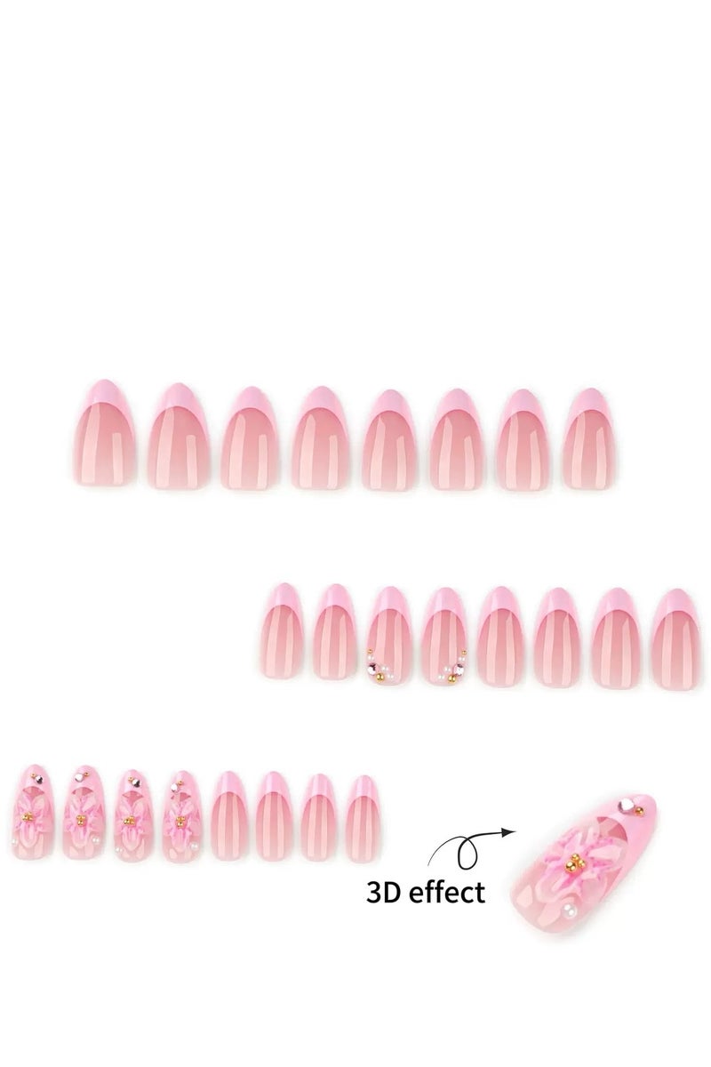 جوسكوين أظافر اصطناعية بالضغط (24 قطعة)، تصميم على شكل لوزي قصير، أطراف أظافر فرنسية زهرية ثلاثية الأبعاد على شكل لوزي قصير، أظافر بالضغط بلون خوخي لؤلؤي حلو، أظافر قابلة لإعادة الاستخدام، فن الأزهار الرائع، أظافر أكريليك مع طقم غراء. - Image 3