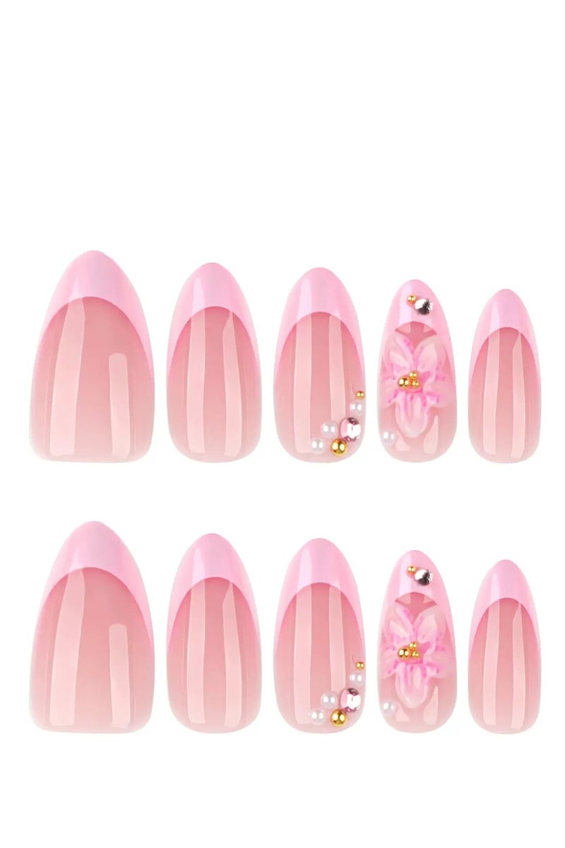 جوسكوين أظافر اصطناعية بالضغط (24 قطعة)، تصميم على شكل لوزي قصير، أطراف أظافر فرنسية زهرية ثلاثية الأبعاد على شكل لوزي قصير، أظافر بالضغط بلون خوخي لؤلؤي حلو، أظافر قابلة لإعادة الاستخدام، فن الأزهار الرائع، أظافر أكريليك مع طقم غراء. - Image 5