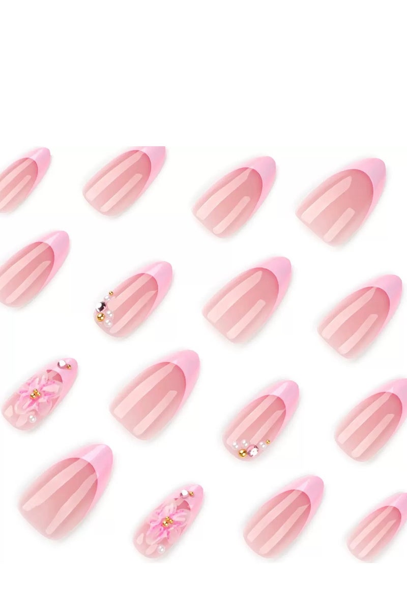 جوسكوين أظافر اصطناعية بالضغط (24 قطعة)، تصميم على شكل لوزي قصير، أطراف أظافر فرنسية زهرية ثلاثية الأبعاد على شكل لوزي قصير، أظافر بالضغط بلون خوخي لؤلؤي حلو، أظافر قابلة لإعادة الاستخدام، فن الأزهار الرائع، أظافر أكريليك مع طقم غراء. - Image 5