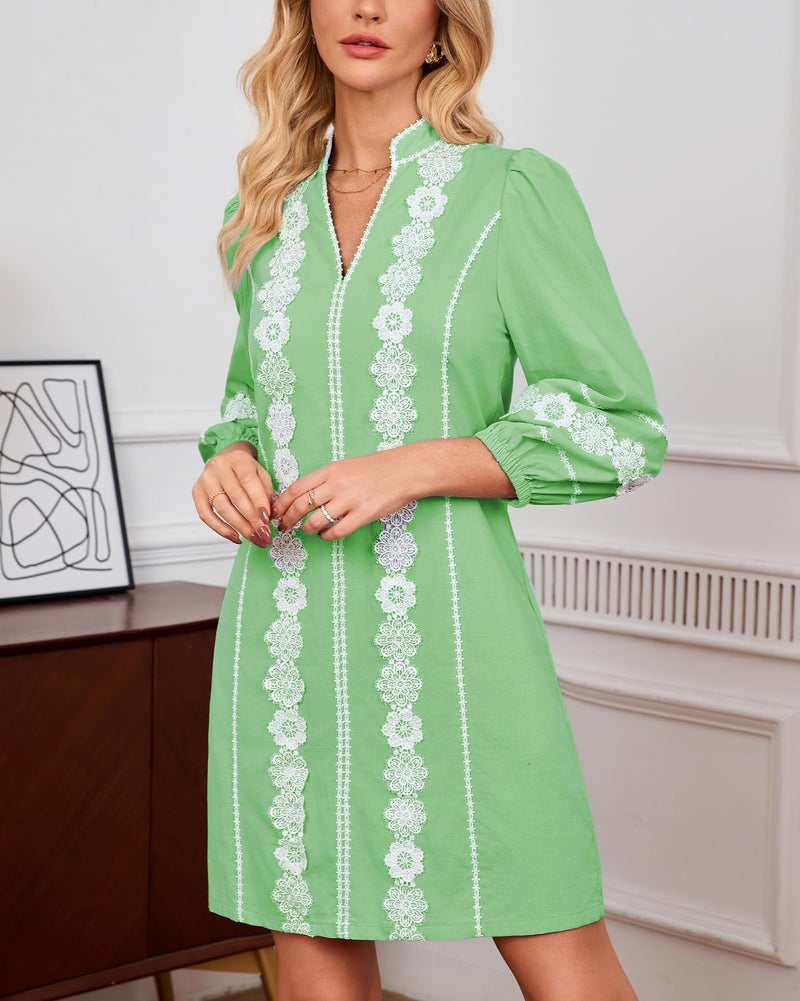 YEXPINE Women's Embroidered Lace Floral Tunic Dress 3/4 Puff Sleeve V Neck Mini Dress with Pockets Green - Image 4