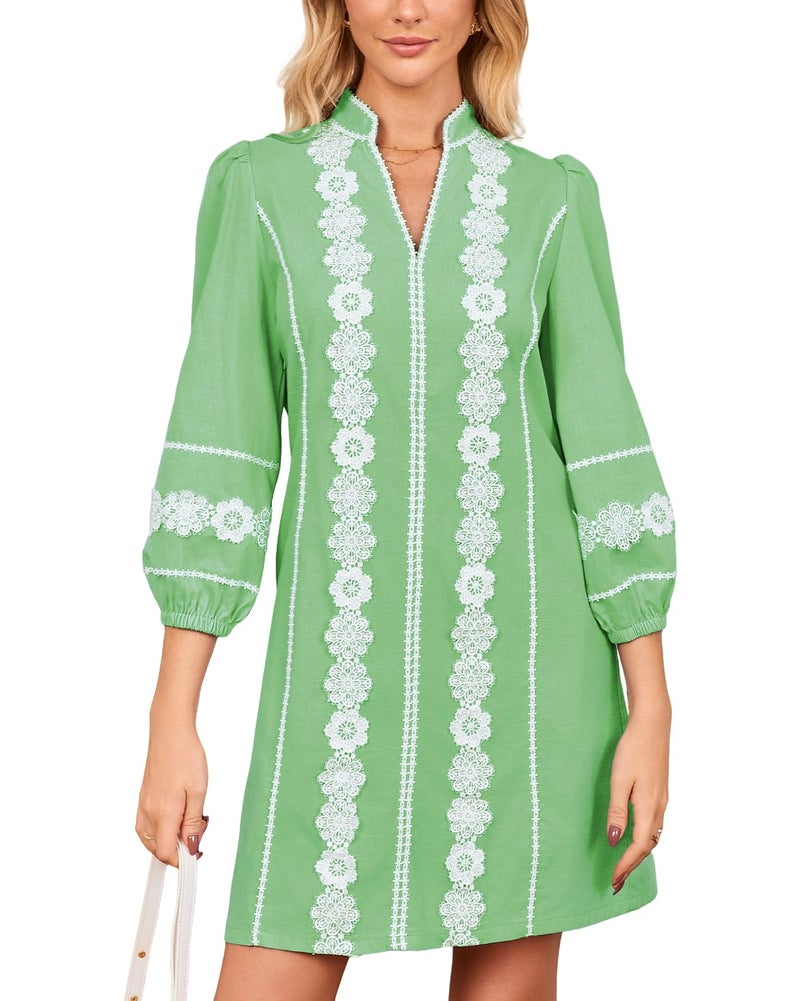 YEXPINE Women's Embroidered Lace Floral Tunic Dress 3/4 Puff Sleeve V Neck Mini Dress with Pockets Green - Image 1