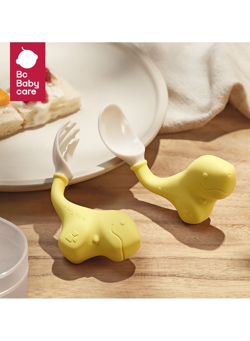 Baby Care Cute Dinosaur Baby Spoon and Fork Set with Travel Case, Self-Feeding Cutlery Set for Toddlers , BPA Free Toddler Training Set, Easy to Clean Ideal for Everyday Use and Travel Yellow - Image 1