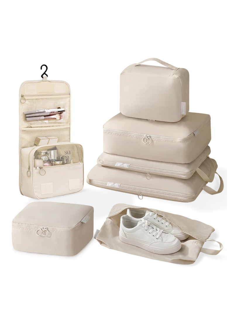SOLARAE Compression Packing Cubes for Suitcases 7 Set, Durable Travel Bags Organizer for Luggage, Foldable Suitcase Organizer Bags Set, Compression Bags for Travel Packing Organizer Beige - Image 1