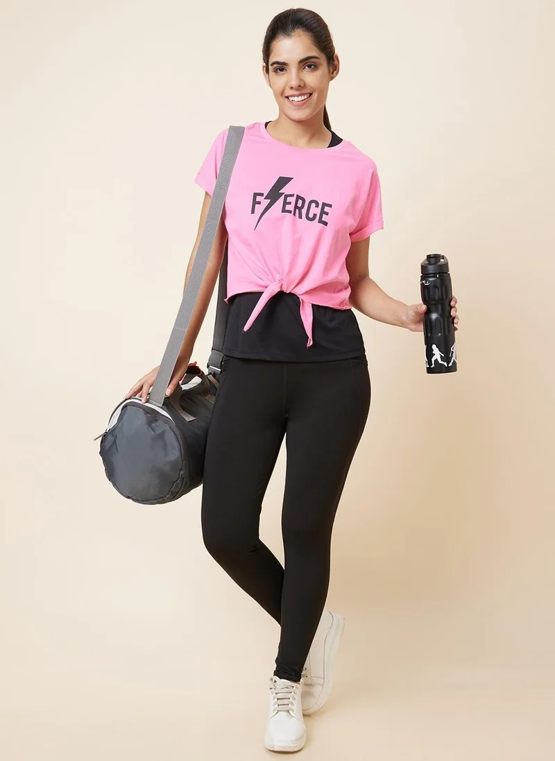 globus Women Pink Typography Printed Pure Training Or Gym Cotton T-Shirt With Crop Top