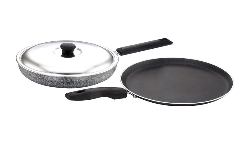 Sowbaghya Breakfast Cookware Combo (2-Piece, Black) | Dosa Tawa and Fry Pan with Stainless Steel Lid | 2.6 mm Thickness, Gas Stove Compatible - Image 1