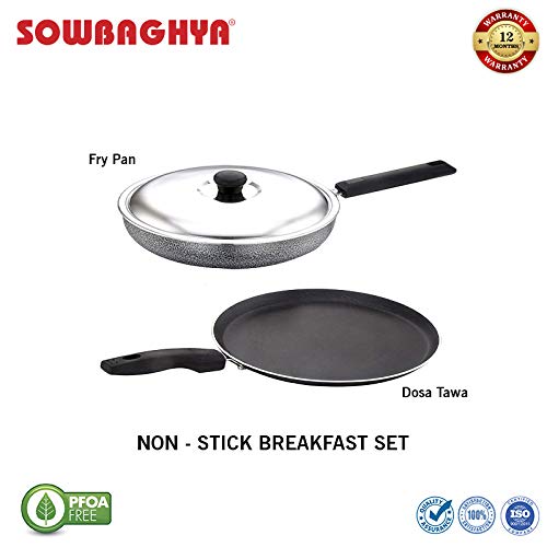 Sowbaghya Breakfast Cookware Combo (2-Piece, Black) | Dosa Tawa and Fry Pan with Stainless Steel Lid | 2.6 mm Thickness, Gas Stove Compatible - Image 2
