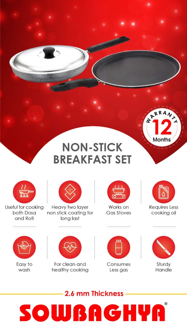 Sowbaghya Breakfast Cookware Combo (2-Piece, Black) | Dosa Tawa and Fry Pan with Stainless Steel Lid | 2.6 mm Thickness, Gas Stove Compatible - Image 5