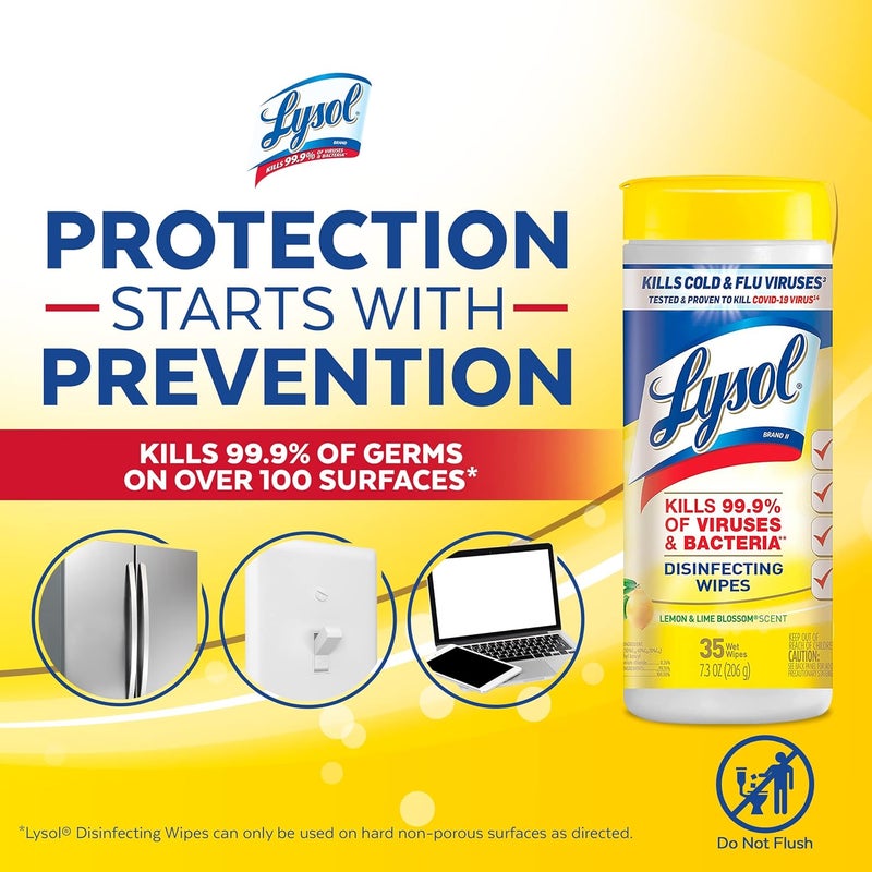 Lysol مناديل مطهرة، للتعقيم، والتعطير، والتنظيف، رائحة الليمون وزهرة الليمون، 35 قطعة - Image 3